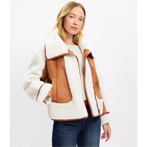 LOFT Brown and Cream Shearling Jacket - Picture 2 of 10